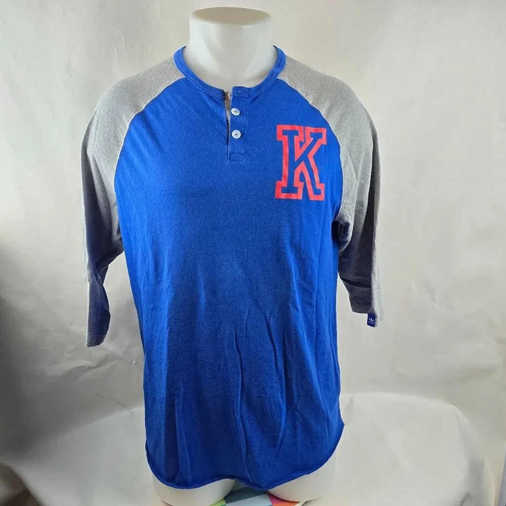 Kansas Jayhawks T Shirt Mens Large Blue Gray Adidas Henley Raglan Retro Style